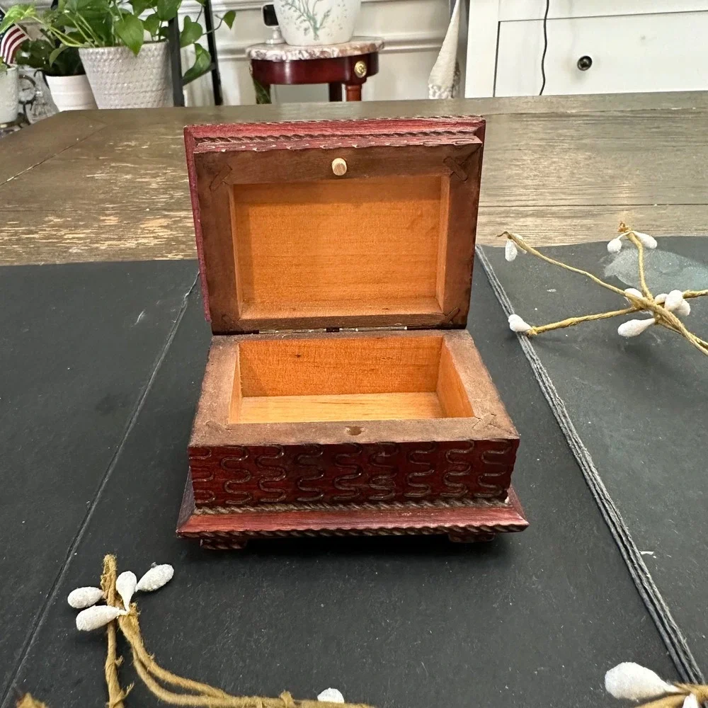Vintage Handmade Carved Wooden Trinket Jewelry Box Storage Box Small